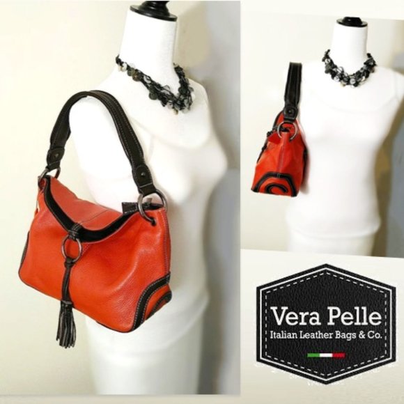 VERA PELLE Orange Leather Shoulder Satchel Bag Brown Trim Flaps w/ Tassels Zips - Picture 2 of 10